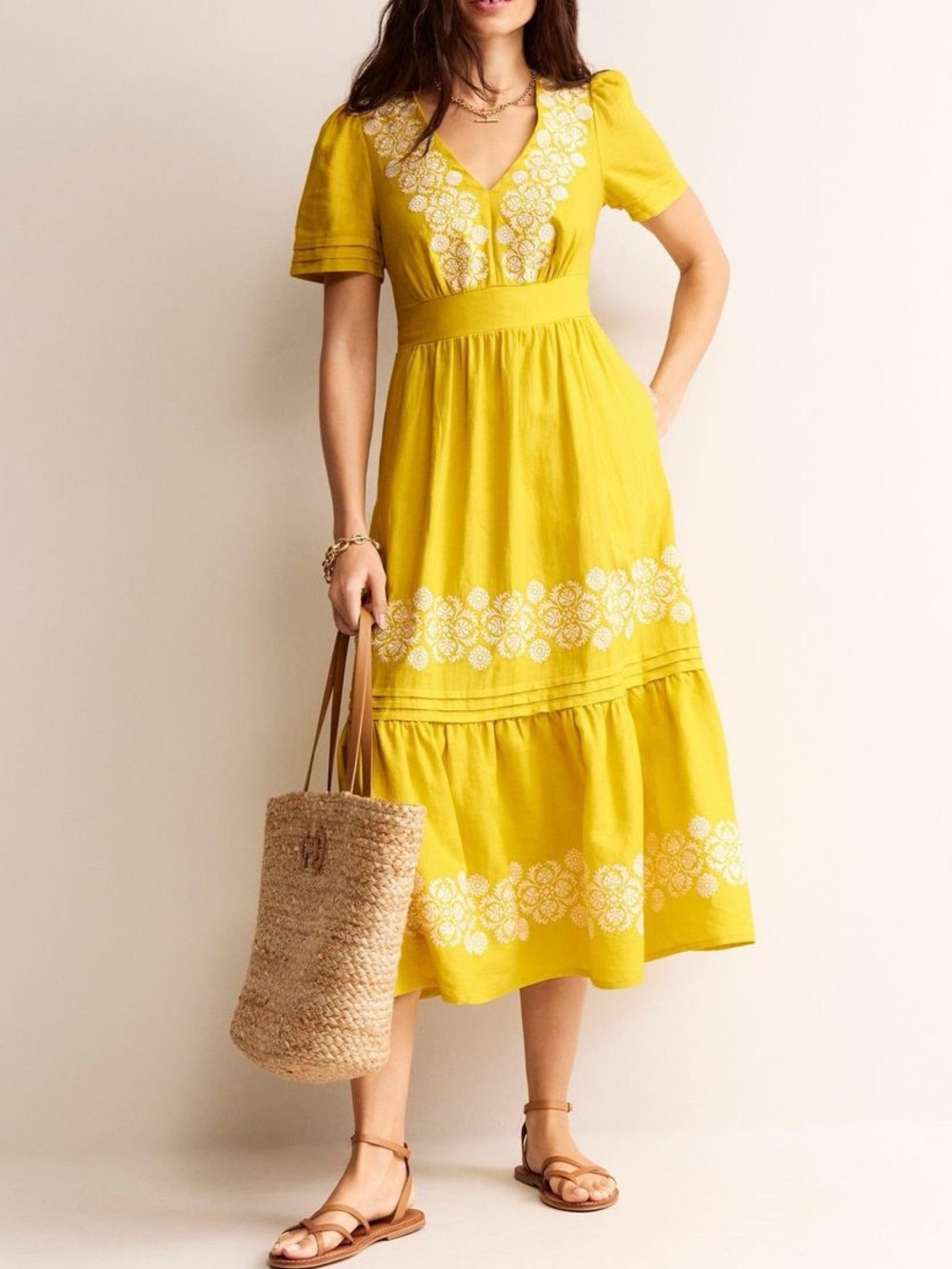 Boden 100% Linen Eve Embroidered Midi Dress US 2 Regular
